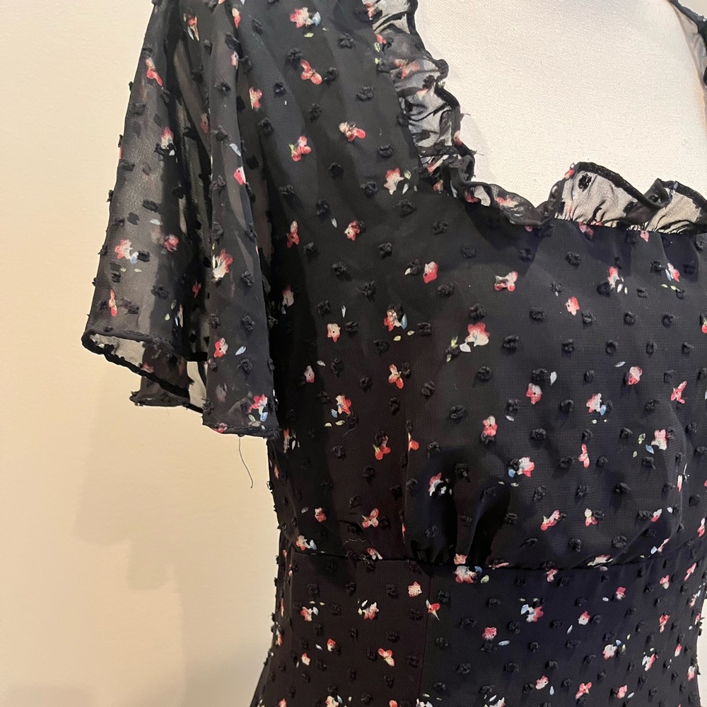 Lulus Black Floral Swiss Dot Maxi Dress Large Lined Zip Back Square Neck